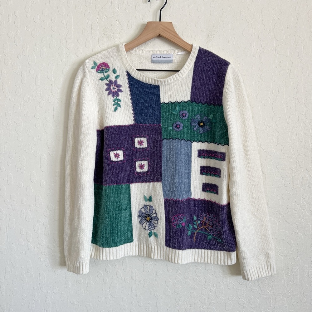 Vintage Alfred Dunner Embroidered Floral Patchwork Crewneck Chenille Sweater XS